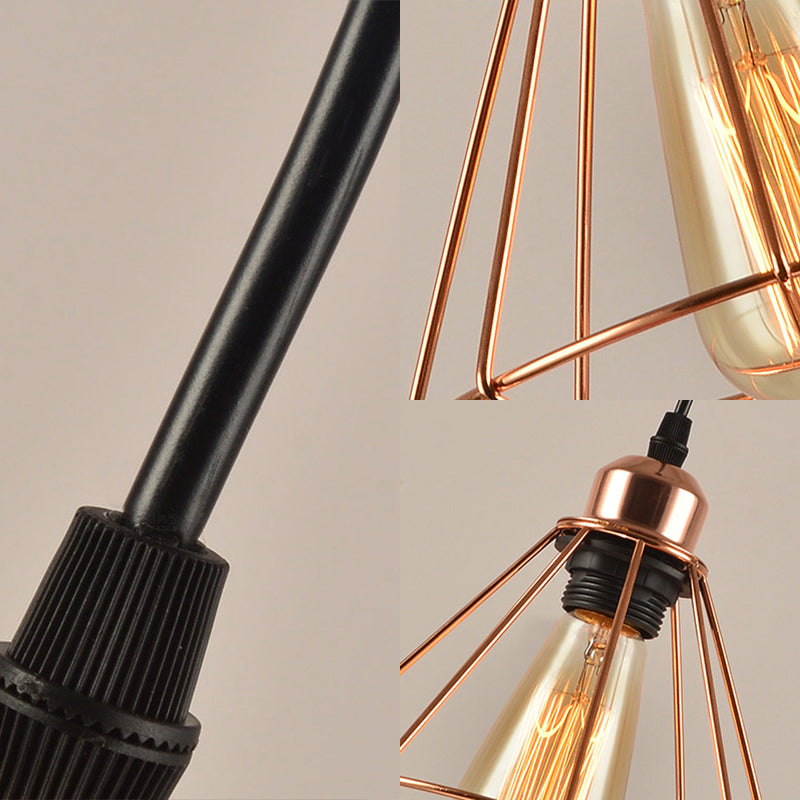 3 Lights Metal Pendant Lamp Loft Style Polished Copper Diamond Caged Indoor Hanging Fixture in Black Finish Clearhalo 'Ceiling Lights' 'Modern Pendants' 'Modern' 'Pendant Lights' 'Pendants' Lighting' 70115