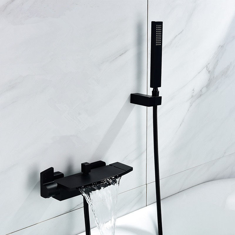 Wall Mounted Metal Tub Filler Double Handles Waterfall Faucet Black Hand Shower Included Clearhalo 'Bathroom Remodel & Bathroom Fixtures' 'Bathtub Faucets' 'bathtub_faucets' 'Home Improvement' 'home_improvement' 'home_improvement_bathtub_faucets' 7011511