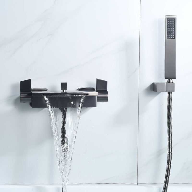 Modern Tub Faucet Trim Brass Wall Mounted Waterfall Tub Spout Trim Gun Grey Dual Function Spray Hand Shower Included Clearhalo 'Bathroom Remodel & Bathroom Fixtures' 'Bathtub Faucets' 'bathtub_faucets' 'Home Improvement' 'home_improvement' 'home_improvement_bathtub_faucets' 7011605