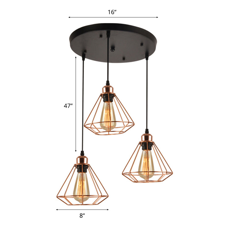 3 Lights Metal Pendant Lamp Loft Style Polished Copper Diamond Caged Indoor Hanging Fixture in Black Finish Clearhalo 'Ceiling Lights' 'Modern Pendants' 'Modern' 'Pendant Lights' 'Pendants' Lighting' 70118