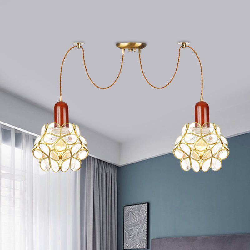 2/3/4-Head Clear Water Glass Pendant Light Traditional Gold Flower Bedroom Swag Multiple Hanging Lamp 2 Gold Clearhalo 'Ceiling Lights' 'Glass shade' 'Glass' 'Pendant Lights' 'Pendants' Lighting' 701951