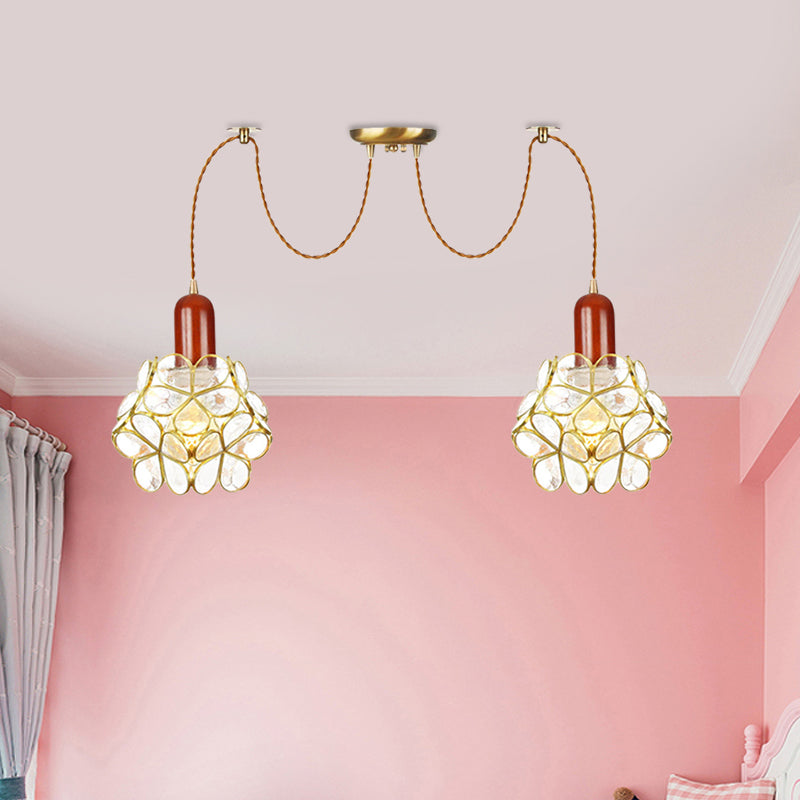 2/3/4-Head Clear Water Glass Pendant Light Traditional Gold Flower Bedroom Swag Multiple Hanging Lamp Clearhalo 'Ceiling Lights' 'Glass shade' 'Glass' 'Pendant Lights' 'Pendants' Lighting' 701952
