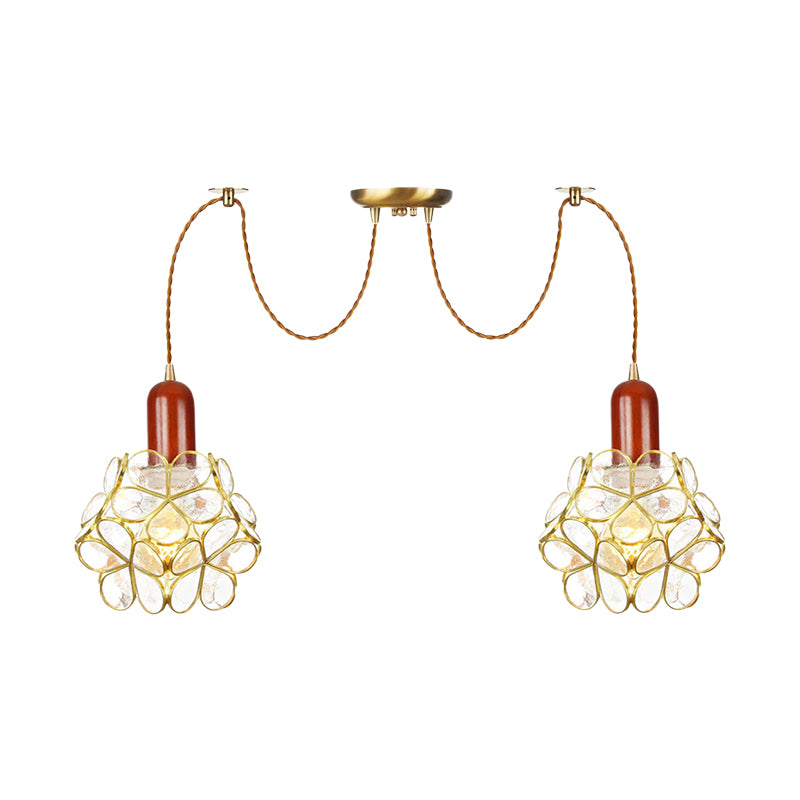 2/3/4-Head Clear Water Glass Pendant Light Traditional Gold Flower Bedroom Swag Multiple Hanging Lamp Clearhalo 'Ceiling Lights' 'Glass shade' 'Glass' 'Pendant Lights' 'Pendants' Lighting' 701954