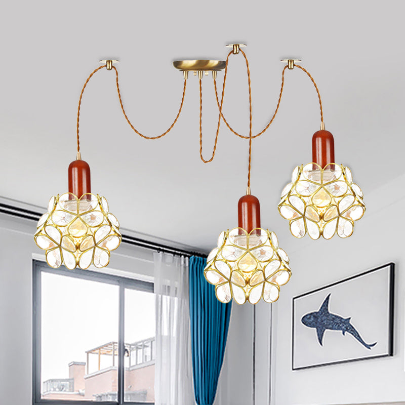2/3/4-Head Clear Water Glass Pendant Light Traditional Gold Flower Bedroom Swag Multiple Hanging Lamp 3 Gold Clearhalo 'Ceiling Lights' 'Glass shade' 'Glass' 'Pendant Lights' 'Pendants' Lighting' 701956