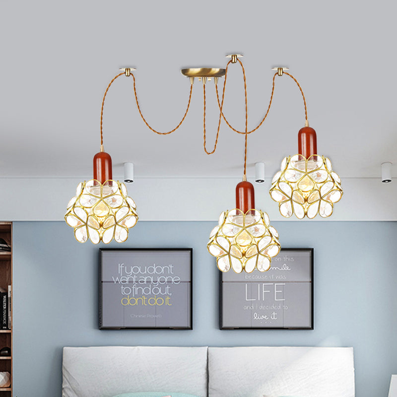 2/3/4-Head Clear Water Glass Pendant Light Traditional Gold Flower Bedroom Swag Multiple Hanging Lamp Clearhalo 'Ceiling Lights' 'Glass shade' 'Glass' 'Pendant Lights' 'Pendants' Lighting' 701957