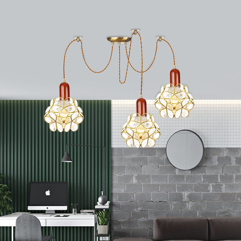 2/3/4-Head Clear Water Glass Pendant Light Traditional Gold Flower Bedroom Swag Multiple Hanging Lamp Clearhalo 'Ceiling Lights' 'Glass shade' 'Glass' 'Pendant Lights' 'Pendants' Lighting' 701958