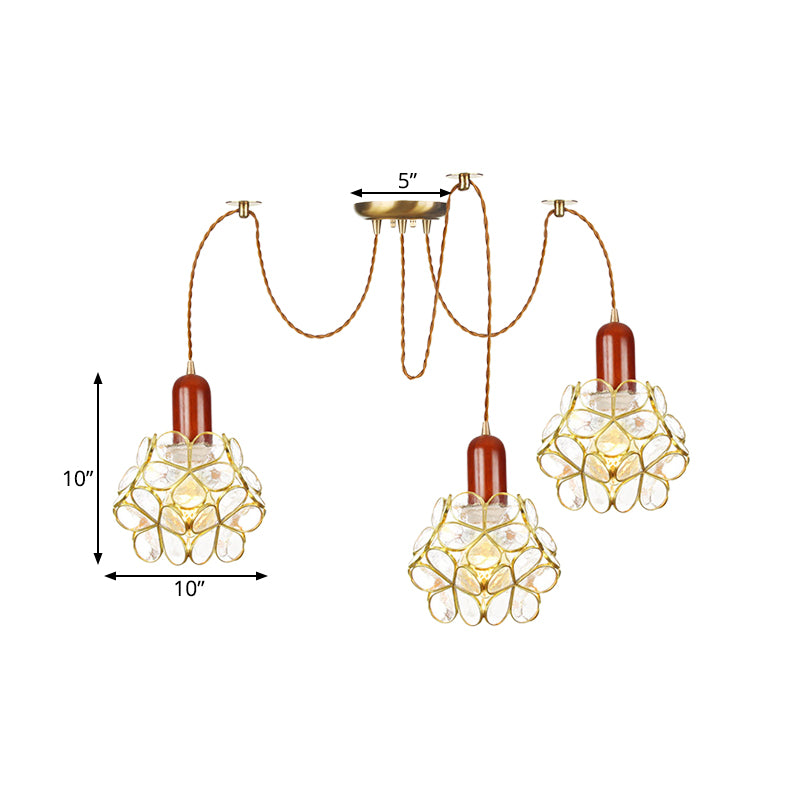 2/3/4-Head Clear Water Glass Pendant Light Traditional Gold Flower Bedroom Swag Multiple Hanging Lamp Clearhalo 'Ceiling Lights' 'Glass shade' 'Glass' 'Pendant Lights' 'Pendants' Lighting' 701960