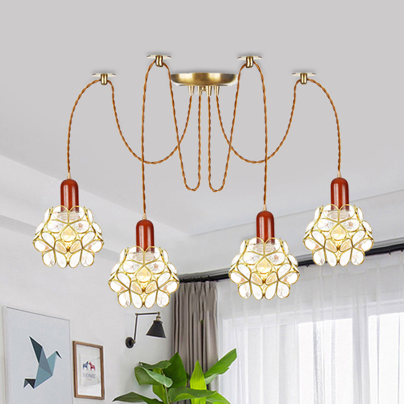 2/3/4-Head Clear Water Glass Pendant Light Traditional Gold Flower Bedroom Swag Multiple Hanging Lamp 4 Gold Clearhalo 'Ceiling Lights' 'Glass shade' 'Glass' 'Pendant Lights' 'Pendants' Lighting' 701961
