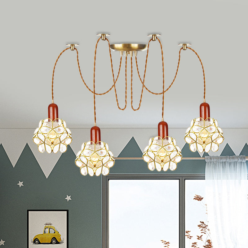 2/3/4-Head Clear Water Glass Pendant Light Traditional Gold Flower Bedroom Swag Multiple Hanging Lamp Clearhalo 'Ceiling Lights' 'Glass shade' 'Glass' 'Pendant Lights' 'Pendants' Lighting' 701962