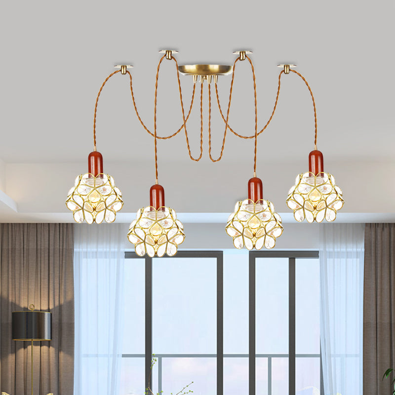 2/3/4-Head Clear Water Glass Pendant Light Traditional Gold Flower Bedroom Swag Multiple Hanging Lamp Clearhalo 'Ceiling Lights' 'Glass shade' 'Glass' 'Pendant Lights' 'Pendants' Lighting' 701963