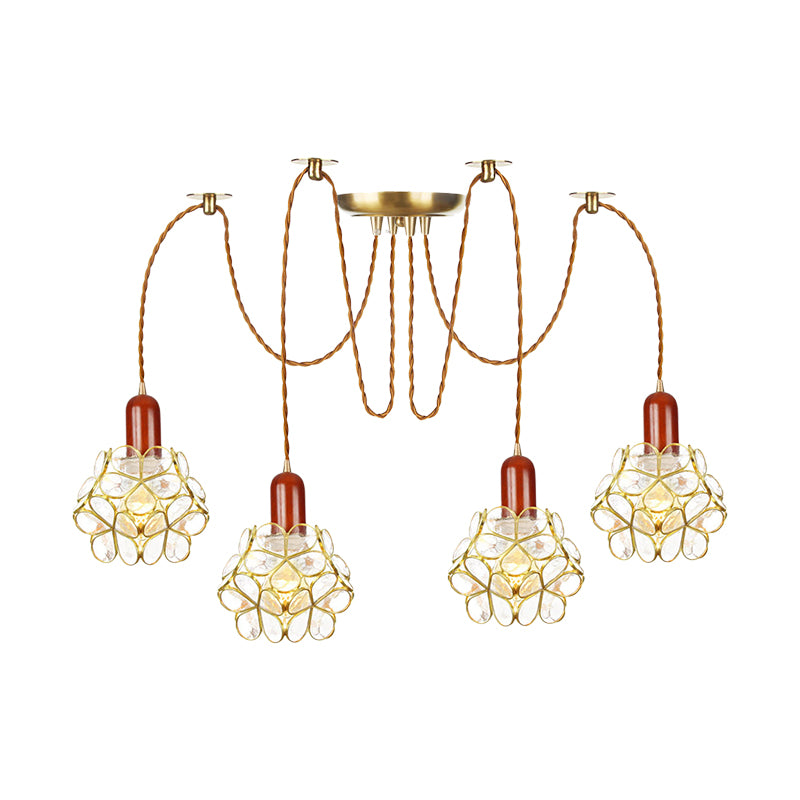 2/3/4-Head Clear Water Glass Pendant Light Traditional Gold Flower Bedroom Swag Multiple Hanging Lamp Clearhalo 'Ceiling Lights' 'Glass shade' 'Glass' 'Pendant Lights' 'Pendants' Lighting' 701964