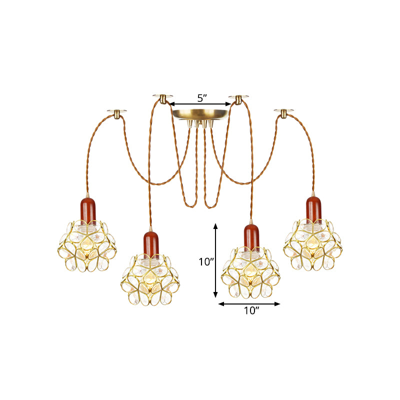 2/3/4-Head Clear Water Glass Pendant Light Traditional Gold Flower Bedroom Swag Multiple Hanging Lamp Clearhalo 'Ceiling Lights' 'Glass shade' 'Glass' 'Pendant Lights' 'Pendants' Lighting' 701965