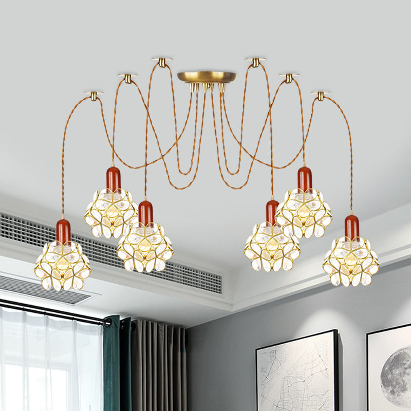 2/3/4-Head Clear Water Glass Pendant Light Traditional Gold Flower Bedroom Swag Multiple Hanging Lamp 6 Gold Clearhalo 'Ceiling Lights' 'Glass shade' 'Glass' 'Pendant Lights' 'Pendants' Lighting' 701966