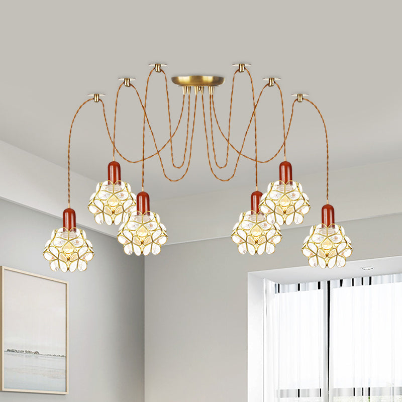 2/3/4-Head Clear Water Glass Pendant Light Traditional Gold Flower Bedroom Swag Multiple Hanging Lamp Clearhalo 'Ceiling Lights' 'Glass shade' 'Glass' 'Pendant Lights' 'Pendants' Lighting' 701967