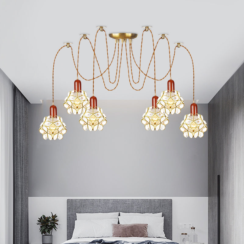 2/3/4-Head Clear Water Glass Pendant Light Traditional Gold Flower Bedroom Swag Multiple Hanging Lamp Clearhalo 'Ceiling Lights' 'Glass shade' 'Glass' 'Pendant Lights' 'Pendants' Lighting' 701968