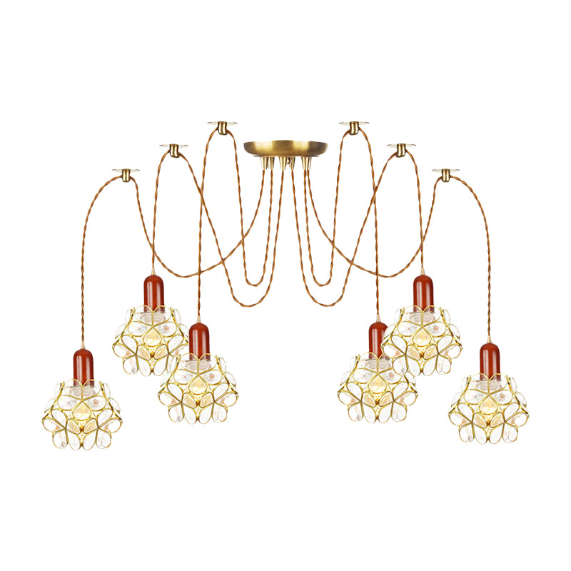 2/3/4-Head Clear Water Glass Pendant Light Traditional Gold Flower Bedroom Swag Multiple Hanging Lamp Clearhalo 'Ceiling Lights' 'Glass shade' 'Glass' 'Pendant Lights' 'Pendants' Lighting' 701969