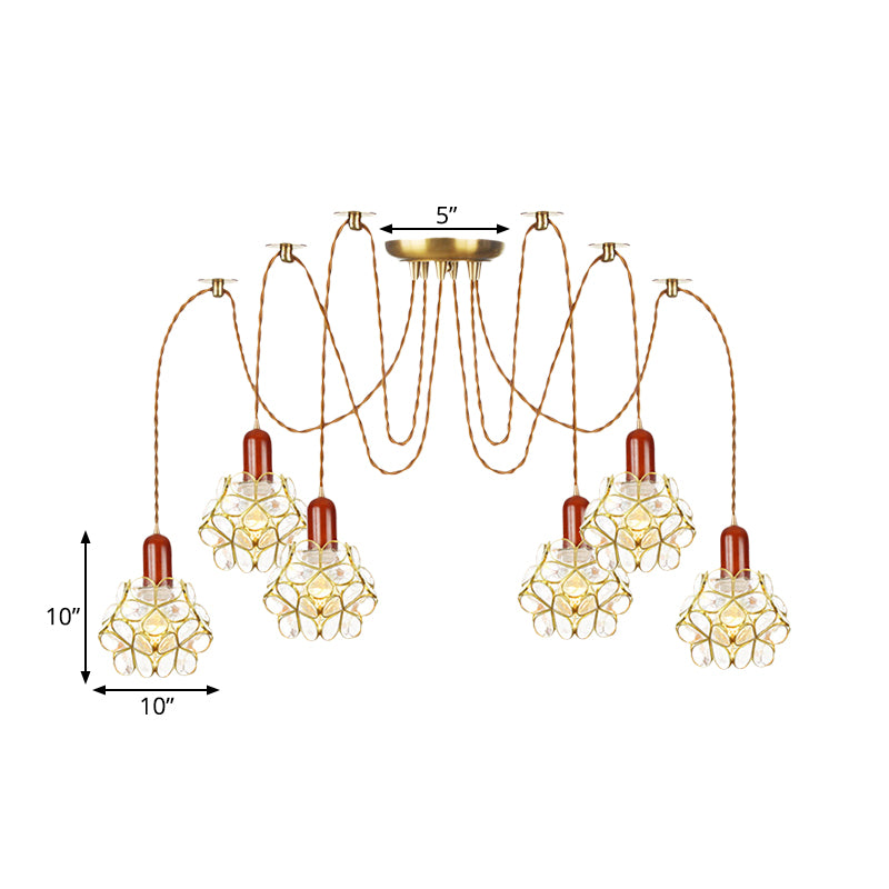 2/3/4-Head Clear Water Glass Pendant Light Traditional Gold Flower Bedroom Swag Multiple Hanging Lamp Clearhalo 'Ceiling Lights' 'Glass shade' 'Glass' 'Pendant Lights' 'Pendants' Lighting' 701970