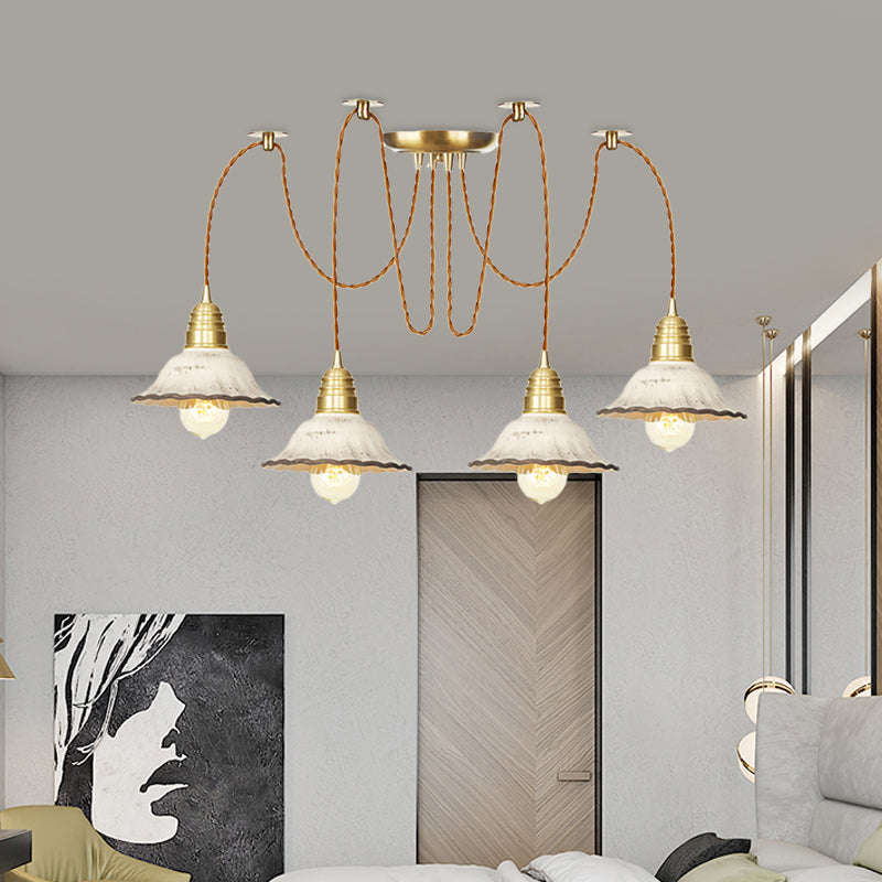 2/4/6 Bulbs Scalloped Multi Light Pendant Traditional Gold Ceramics Swag Hanging Lamp Kit Clearhalo 'Ceiling Lights' 'Pendant Lights' 'Pendants' Lighting' 701983