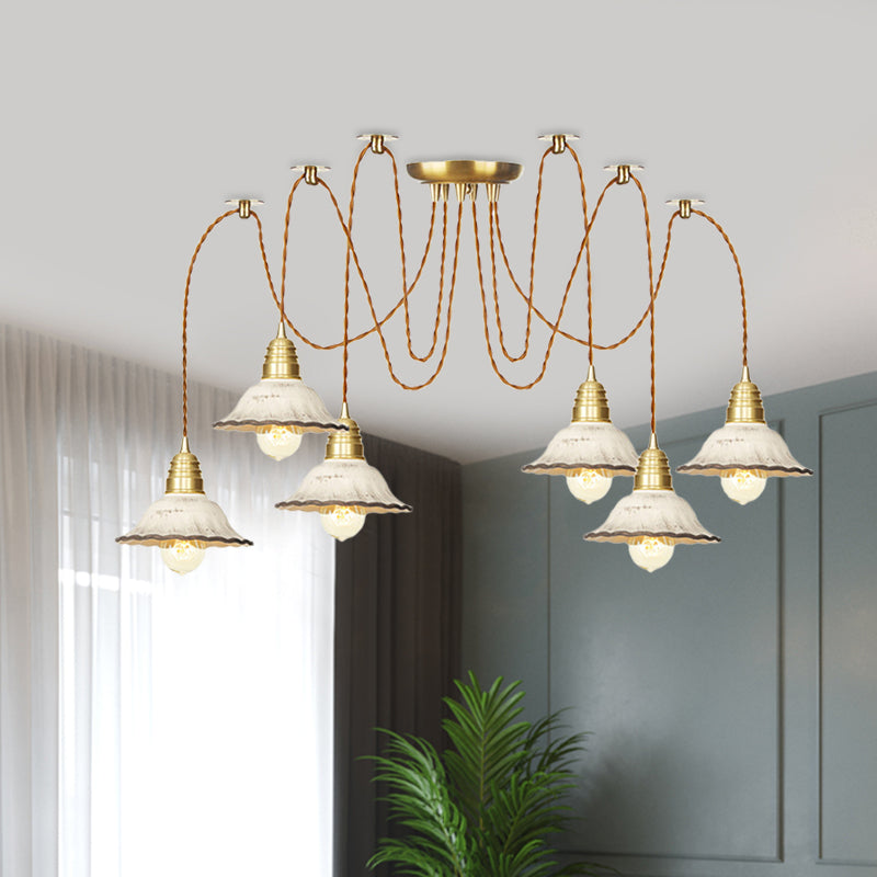 2/4/6 Bulbs Scalloped Multi Light Pendant Traditional Gold Ceramics Swag Hanging Lamp Kit Clearhalo 'Ceiling Lights' 'Pendant Lights' 'Pendants' Lighting' 701987