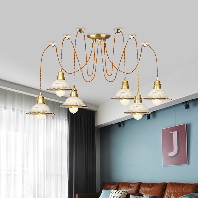 2/4/6 Bulbs Scalloped Multi Light Pendant Traditional Gold Ceramics Swag Hanging Lamp Kit Clearhalo 'Ceiling Lights' 'Pendant Lights' 'Pendants' Lighting' 701988