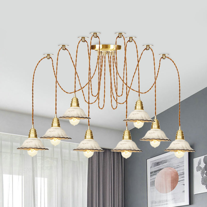 2/4/6 Bulbs Scalloped Multi Light Pendant Traditional Gold Ceramics Swag Hanging Lamp Kit Clearhalo 'Ceiling Lights' 'Pendant Lights' 'Pendants' Lighting' 701991