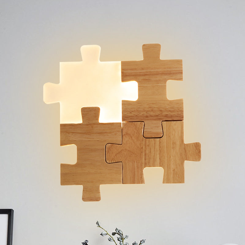 Beige Jigsaw Puzzle Sconce Light Fixture Nordic LED Wood Wall Mount Lamp in White/Warm Light Wood Clearhalo 'Wall Lamps & Sconces' 'Wall Lights' Lighting' 701996