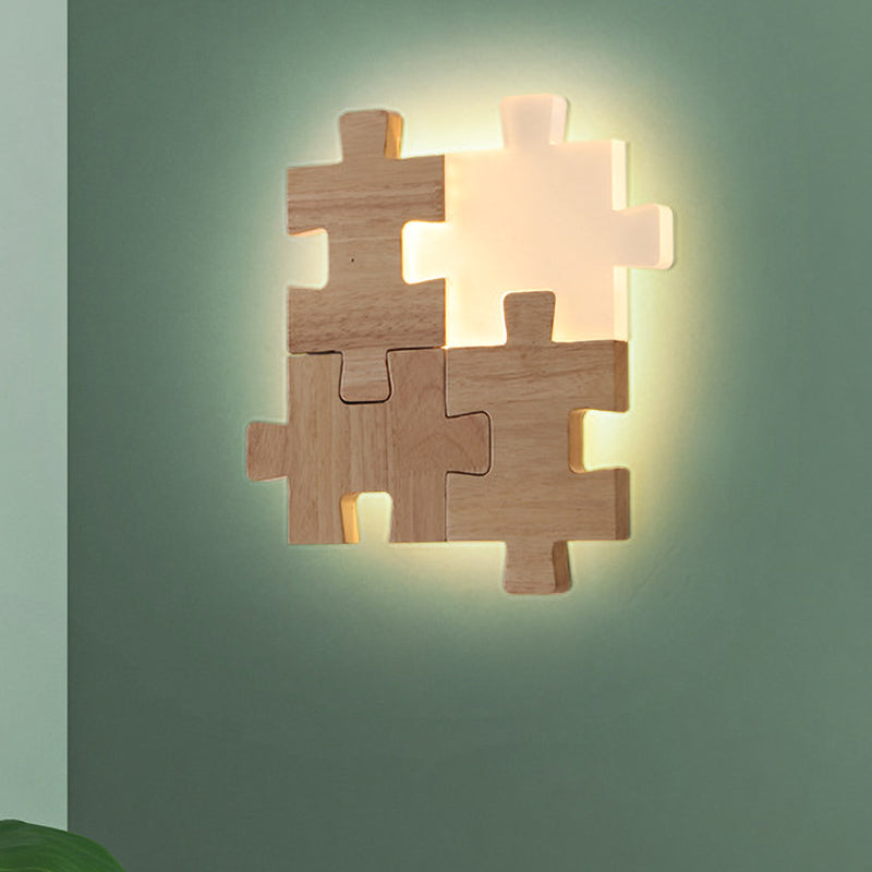 Beige Jigsaw Puzzle Sconce Light Fixture Nordic LED Wood Wall Mount Lamp in White/Warm Light Clearhalo 'Wall Lamps & Sconces' 'Wall Lights' Lighting' 701997