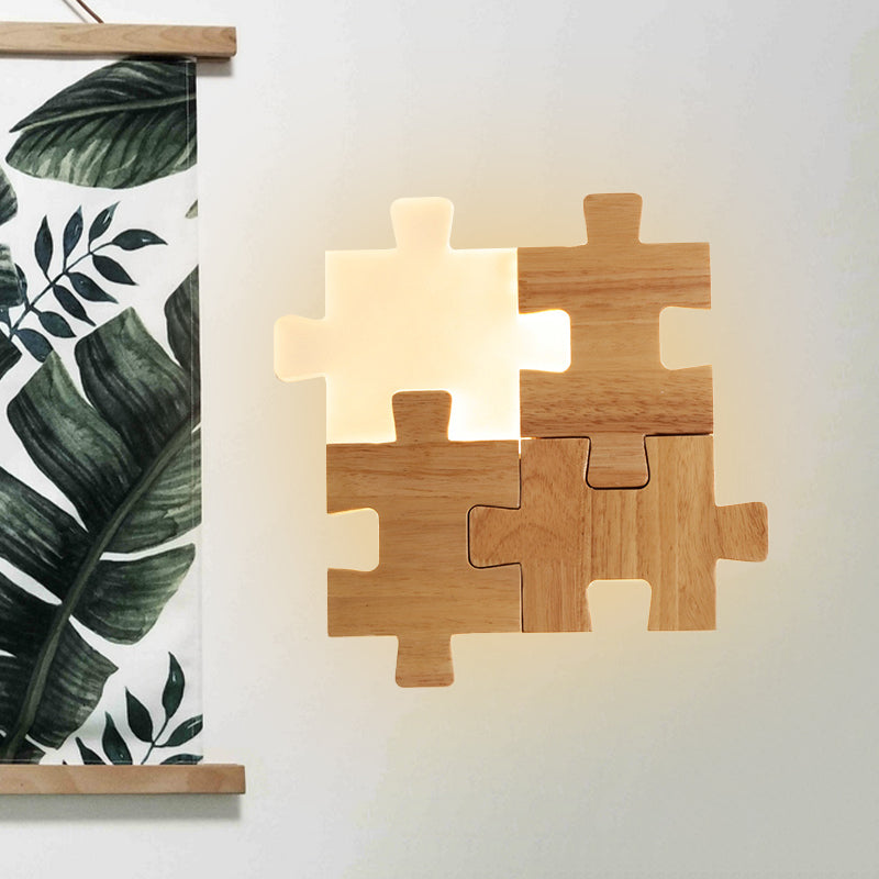 Beige Jigsaw Puzzle Sconce Light Fixture Nordic LED Wood Wall Mount Lamp in White/Warm Light Clearhalo 'Wall Lamps & Sconces' 'Wall Lights' Lighting' 701998