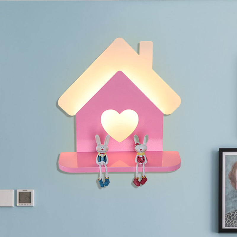 Iron House Placeable Wall Light Sconce Kids LED Pink Wall Lamp Fixture with Loving Heart Pattern in White/3 Color Light Pink Clearhalo 'Wall Lamps & Sconces' 'Wall Lights' Lighting' 702077