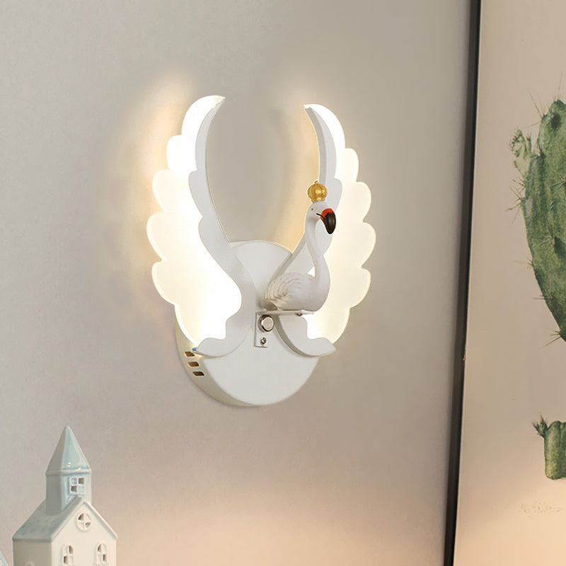 Swan Iron Wall Light Sconce Cartoon White/Pink Finish LED Wall Lamp Fixture with Acrylic Wing in White/Warm Light White Clearhalo 'Wall Lamps & Sconces' 'Wall Lights' Lighting' 702082