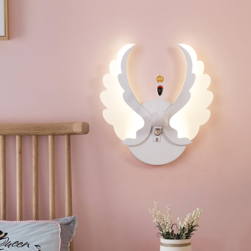 Swan Iron Wall Light Sconce Cartoon White/Pink Finish LED Wall Lamp Fixture with Acrylic Wing in White/Warm Light Clearhalo 'Wall Lamps & Sconces' 'Wall Lights' Lighting' 702083