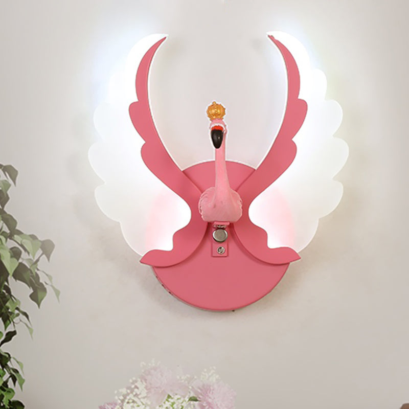 Swan Iron Wall Light Sconce Cartoon White/Pink Finish LED Wall Lamp Fixture with Acrylic Wing in White/Warm Light Pink Clearhalo 'Wall Lamps & Sconces' 'Wall Lights' Lighting' 702087