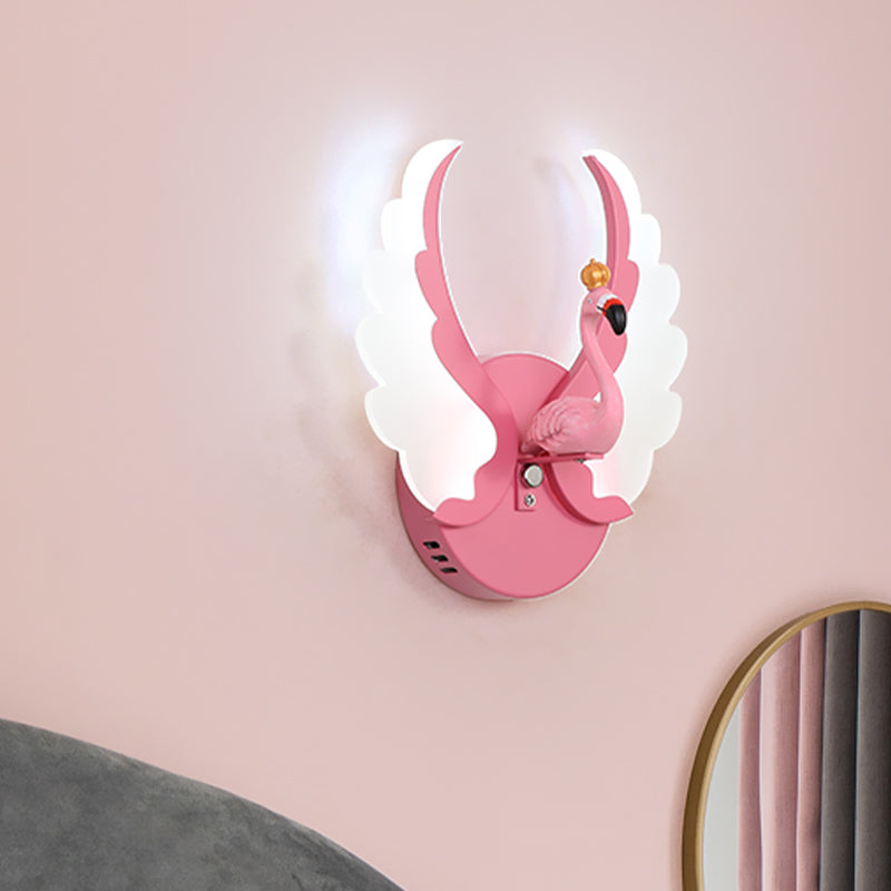 Swan Iron Wall Light Sconce Cartoon White/Pink Finish LED Wall Lamp Fixture with Acrylic Wing in White/Warm Light Clearhalo 'Wall Lamps & Sconces' 'Wall Lights' Lighting' 702088