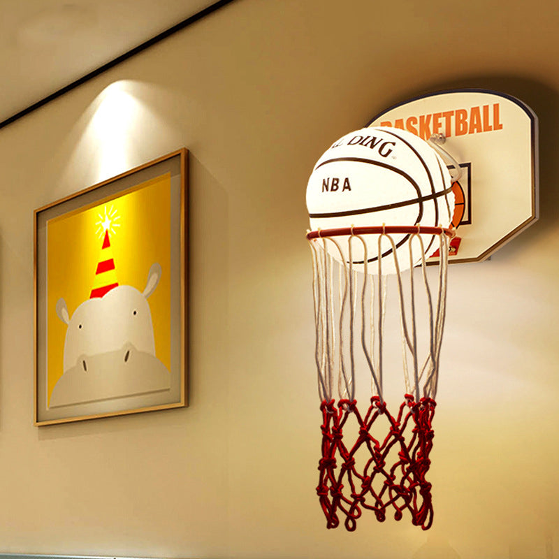 Cartoon Basket Frame Shape Wall Light Rope 1 Head Bedroom Sconce in Red with Basketball Opal Glass Shade Clearhalo 'Wall Lamps & Sconces' 'Wall Lights' Lighting' 702106