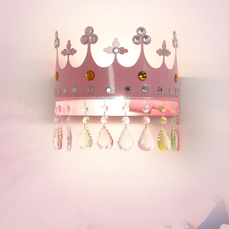 Crown Sconce Light Fixture Cartoon Iron LED Pink/Gold Wall Mount Light with Crystal Drop Deco Pink Clearhalo 'Wall Lamps & Sconces' 'Wall Lights' Lighting' 702119