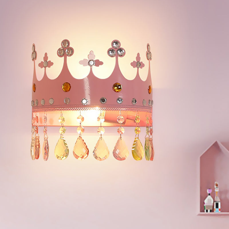 Crown Sconce Light Fixture Cartoon Iron LED Pink/Gold Wall Mount Light with Crystal Drop Deco Clearhalo 'Wall Lamps & Sconces' 'Wall Lights' Lighting' 702121