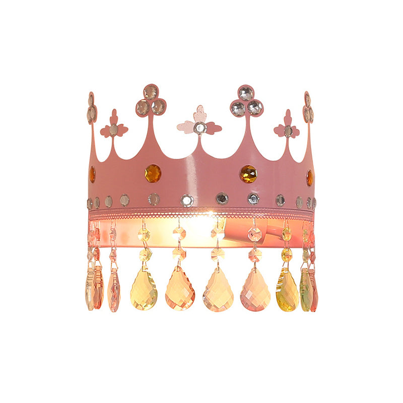 Crown Sconce Light Fixture Cartoon Iron LED Pink/Gold Wall Mount Light with Crystal Drop Deco Clearhalo 'Wall Lamps & Sconces' 'Wall Lights' Lighting' 702122