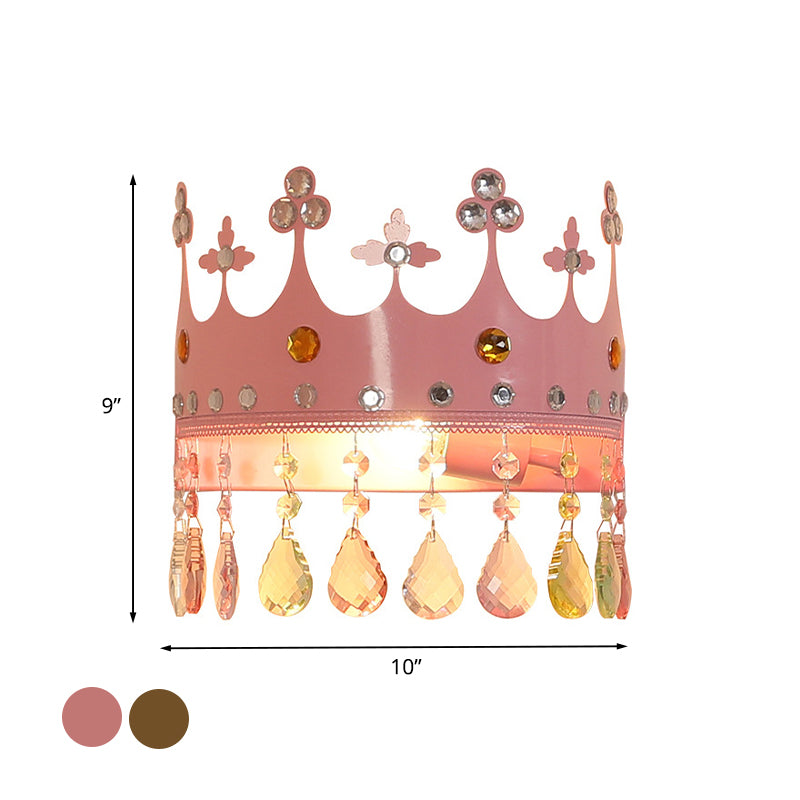 Crown Sconce Light Fixture Cartoon Iron LED Pink/Gold Wall Mount Light with Crystal Drop Deco Clearhalo 'Wall Lamps & Sconces' 'Wall Lights' Lighting' 702123