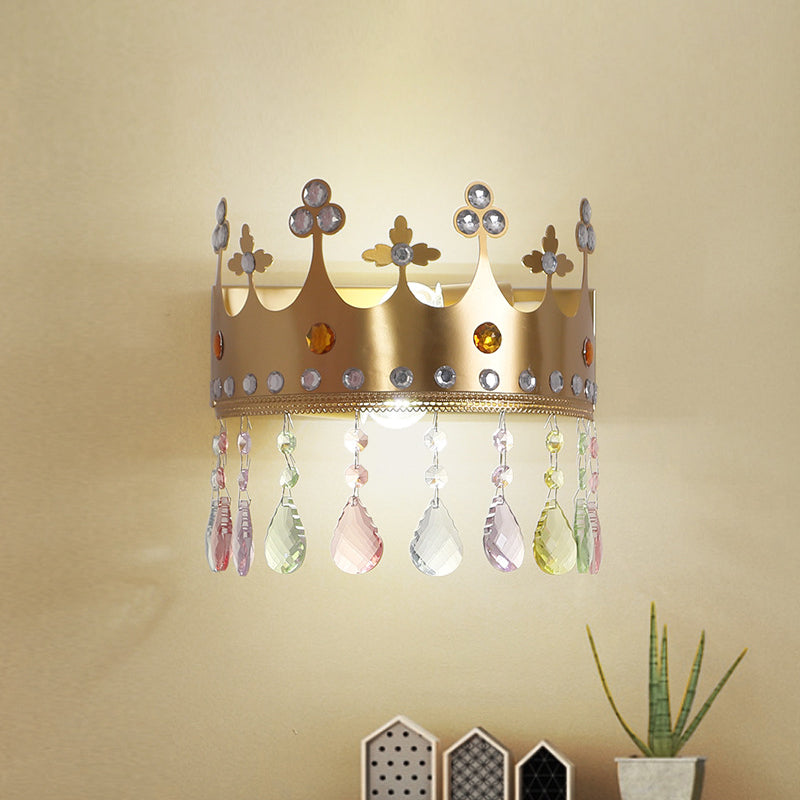 Crown Sconce Light Fixture Cartoon Iron LED Pink/Gold Wall Mount Light with Crystal Drop Deco Clearhalo 'Wall Lamps & Sconces' 'Wall Lights' Lighting' 702125