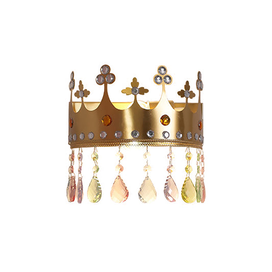 Crown Sconce Light Fixture Cartoon Iron LED Pink/Gold Wall Mount Light with Crystal Drop Deco Clearhalo 'Wall Lamps & Sconces' 'Wall Lights' Lighting' 702126