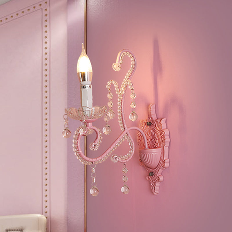 Metal Candle Wall Light Sconce Cartoon 1/2-Bulb Pink Finish Wall Lamp with Crystal Deco for Girls Bedside 1.0 Pink Clearhalo 'Wall Lamps & Sconces' 'Wall Lights' Lighting' 702128