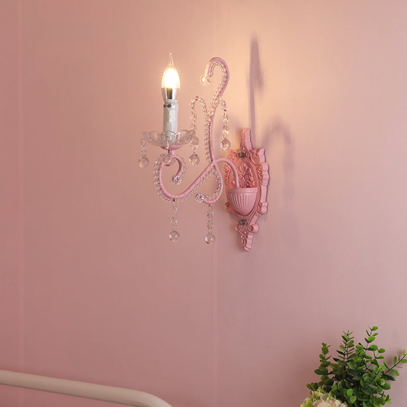 Metal Candle Wall Light Sconce Cartoon 1/2-Bulb Pink Finish Wall Lamp with Crystal Deco for Girls Bedside Clearhalo 'Wall Lamps & Sconces' 'Wall Lights' Lighting' 702129