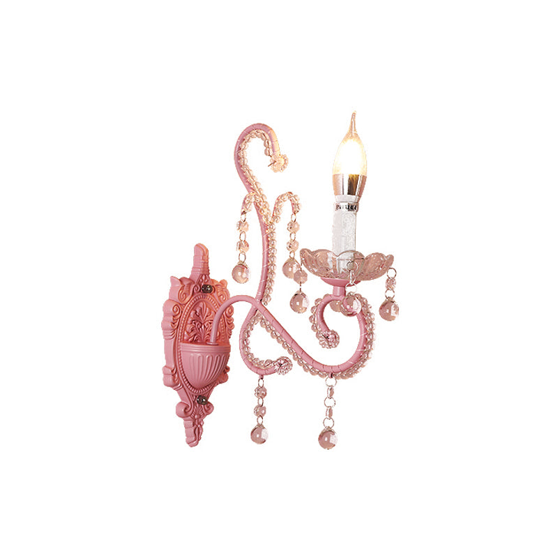 Metal Candle Wall Light Sconce Cartoon 1/2-Bulb Pink Finish Wall Lamp with Crystal Deco for Girls Bedside Clearhalo 'Wall Lamps & Sconces' 'Wall Lights' Lighting' 702130