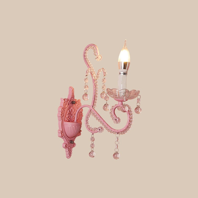 Metal Candle Wall Light Sconce Cartoon 1/2-Bulb Pink Finish Wall Lamp with Crystal Deco for Girls Bedside Clearhalo 'Wall Lamps & Sconces' 'Wall Lights' Lighting' 702131