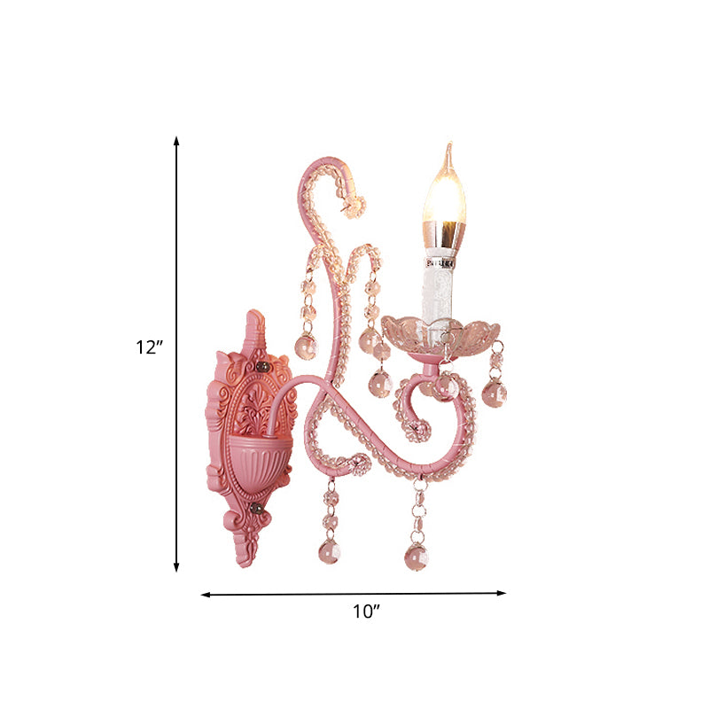 Metal Candle Wall Light Sconce Cartoon 1/2-Bulb Pink Finish Wall Lamp with Crystal Deco for Girls Bedside Clearhalo 'Wall Lamps & Sconces' 'Wall Lights' Lighting' 702132