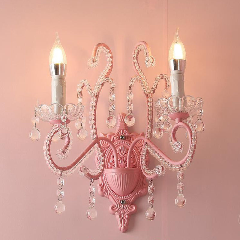 Metal Candle Wall Light Sconce Cartoon 1/2-Bulb Pink Finish Wall Lamp with Crystal Deco for Girls Bedside 2.0 Pink Clearhalo 'Wall Lamps & Sconces' 'Wall Lights' Lighting' 702133