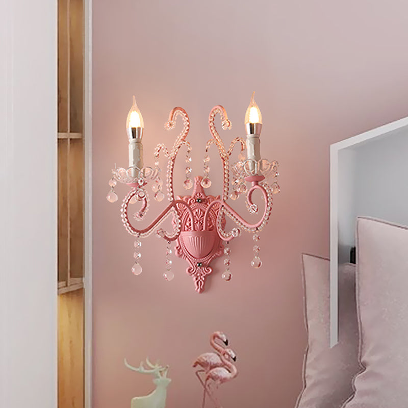 Metal Candle Wall Light Sconce Cartoon 1/2-Bulb Pink Finish Wall Lamp with Crystal Deco for Girls Bedside Clearhalo 'Wall Lamps & Sconces' 'Wall Lights' Lighting' 702134