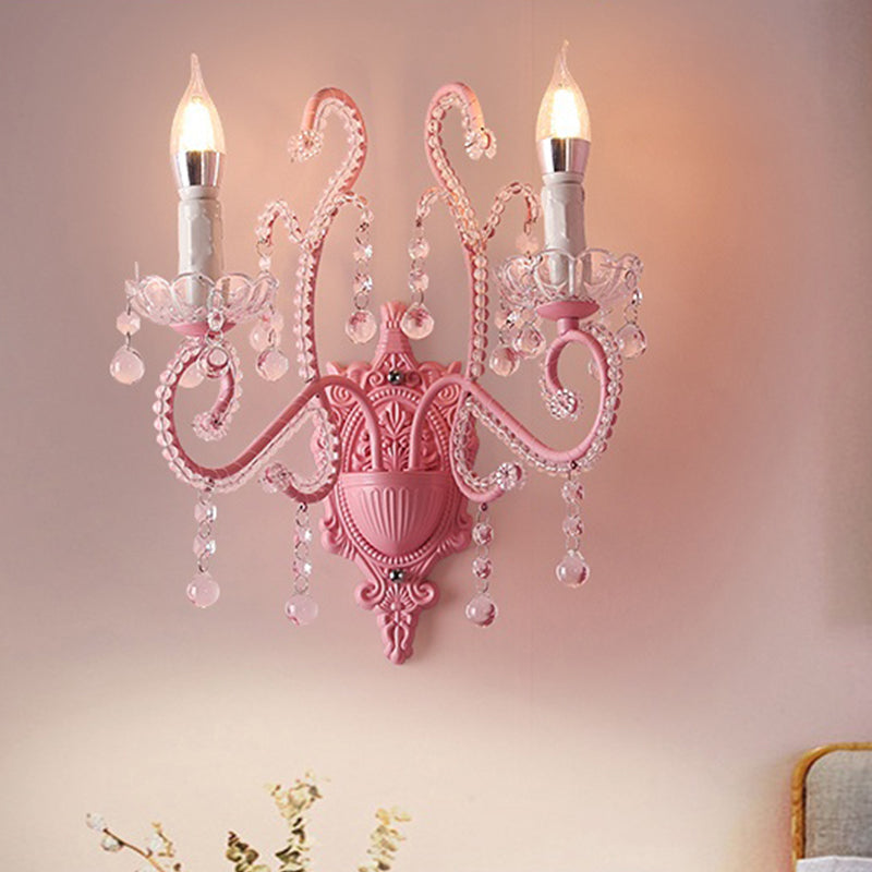 Metal Candle Wall Light Sconce Cartoon 1/2-Bulb Pink Finish Wall Lamp with Crystal Deco for Girls Bedside Clearhalo 'Wall Lamps & Sconces' 'Wall Lights' Lighting' 702135