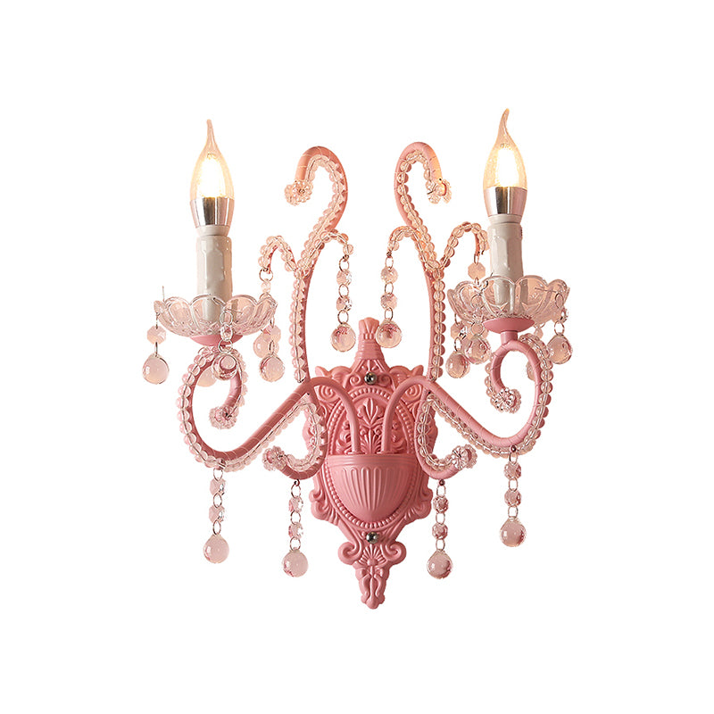 Metal Candle Wall Light Sconce Cartoon 1/2-Bulb Pink Finish Wall Lamp with Crystal Deco for Girls Bedside Clearhalo 'Wall Lamps & Sconces' 'Wall Lights' Lighting' 702136