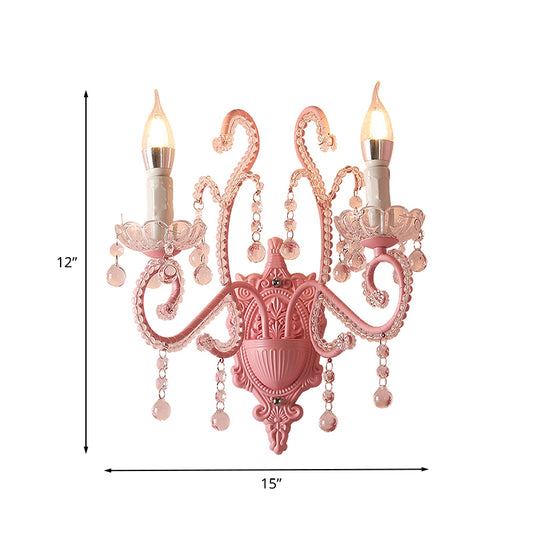 Metal Candle Wall Light Sconce Cartoon 1/2-Bulb Pink Finish Wall Lamp with Crystal Deco for Girls Bedside Clearhalo 'Wall Lamps & Sconces' 'Wall Lights' Lighting' 702137